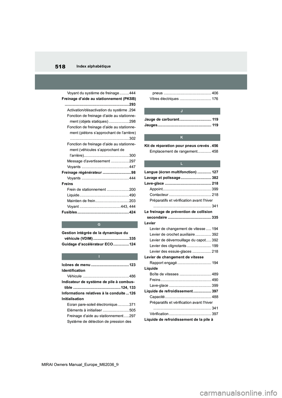 TOYOTA MIRAI 2020 Manuel du propriétaire (in French) 518
MIRAI Owners Manual_Europe_M62036_fr
Index alphabétique
Voyant du système de freinage ......... 444
Freinage d’aide au stationnement (PKSB)
.................................................. TOYOTA MIRAI 2020 Manuel du propriétaire (in French) 518
MIRAI Owners Manual_Europe_M62036_fr
Index alphabétique
Voyant du système de freinage ......... 444
Freinage d’aide au stationnement (PKSB)
..................................................