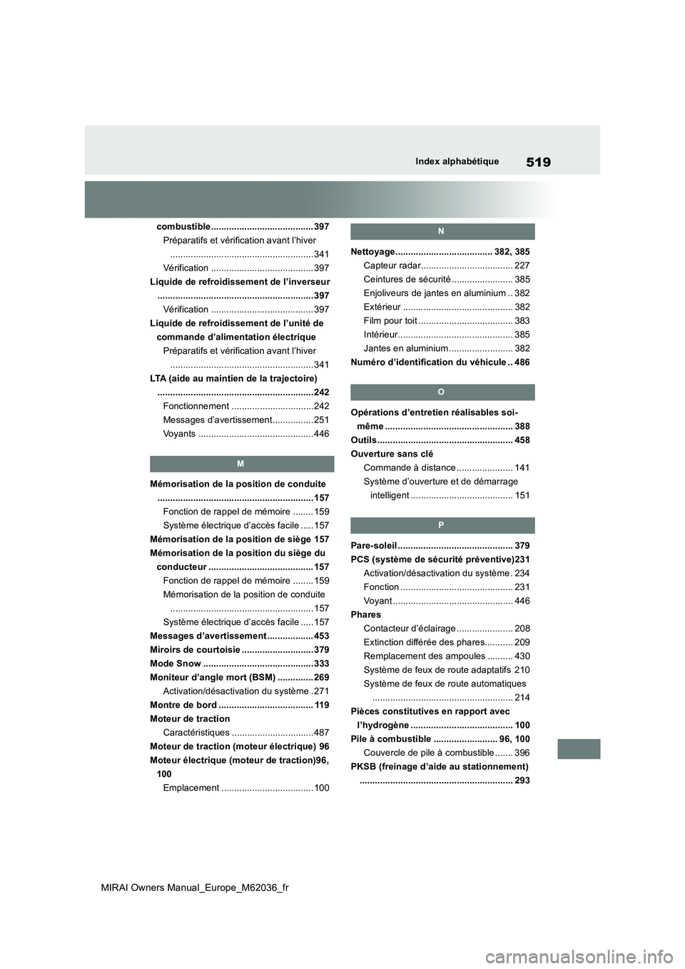 TOYOTA MIRAI 2020 Manuel du propriétaire (in French) 519
MIRAI Owners Manual_Europe_M62036_fr
Index alphabétique
combustible........................................ 397
Préparatifs et vérification avant l’hiver
.................................... TOYOTA MIRAI 2020 Manuel du propriétaire (in French) 519
MIRAI Owners Manual_Europe_M62036_fr
Index alphabétique
combustible........................................ 397
Préparatifs et vérification avant l’hiver
....................................