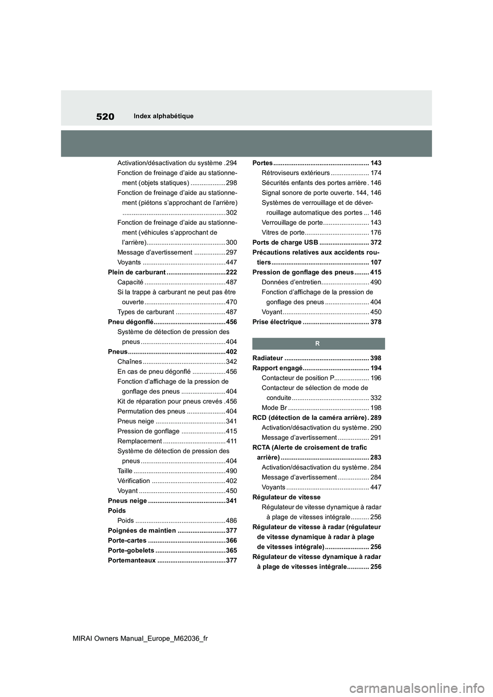 TOYOTA MIRAI 2020 Manuel du propriétaire (in French) 520
MIRAI Owners Manual_Europe_M62036_fr
Index alphabétique
Activation/désactivation du système . 294
Fonction de freinage d’aide au stationne-
ment (objets statiques) ................... 298
F TOYOTA MIRAI 2020 Manuel du propriétaire (in French) 520
MIRAI Owners Manual_Europe_M62036_fr
Index alphabétique
Activation/désactivation du système . 294
Fonction de freinage d’aide au stationne-
ment (objets statiques) ................... 298
F