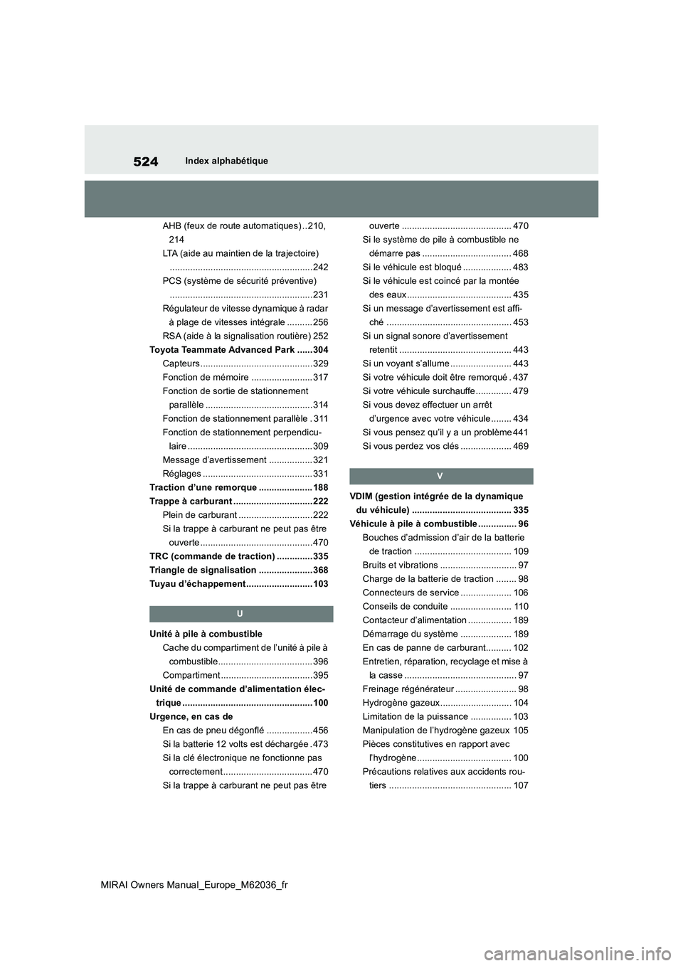 TOYOTA MIRAI 2020 Manuel du propriétaire (in French) 524
MIRAI Owners Manual_Europe_M62036_fr
Index alphabétique
AHB (feux de route automatiques) .. 210,
214
LTA (aide au maintien de la trajectoire)
.................................................. TOYOTA MIRAI 2020 Manuel du propriétaire (in French) 524
MIRAI Owners Manual_Europe_M62036_fr
Index alphabétique
AHB (feux de route automatiques) .. 210,
214
LTA (aide au maintien de la trajectoire)
..................................................