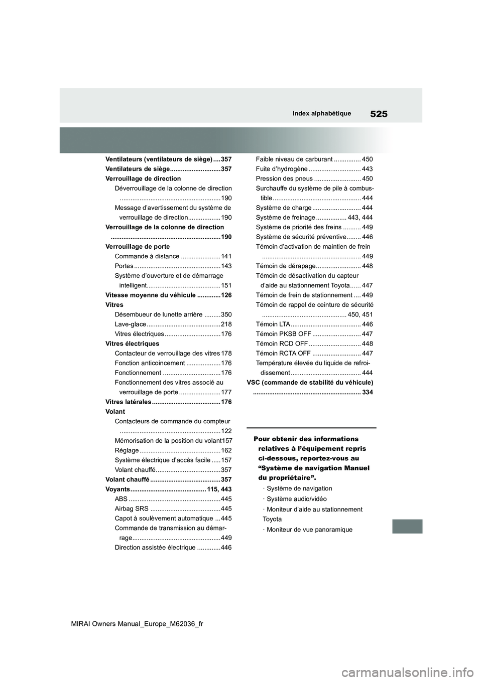TOYOTA MIRAI 2020 Manuel du propriétaire (in French) 525
MIRAI Owners Manual_Europe_M62036_fr
Index alphabétique
Ventilateurs (ventilateurs de siège) .... 357
Ventilateurs de siège............................ 357
Verrouillage de direction
Déverroui TOYOTA MIRAI 2020 Manuel du propriétaire (in French) 525
MIRAI Owners Manual_Europe_M62036_fr
Index alphabétique
Ventilateurs (ventilateurs de siège) .... 357
Ventilateurs de siège............................ 357
Verrouillage de direction
Déverroui
