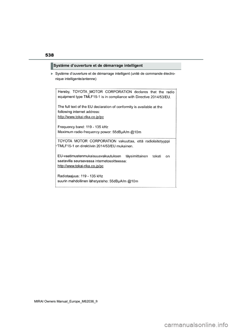 TOYOTA MIRAI 2020 Manuel du propriétaire (in French) 538
MIRAI Owners Manual_Europe_M62036_fr
Système d’ouverture et de démarrage intelligent (unité de commande électro-
nique intelligente/antenne)
Système d’ouverture et de démarrage inte TOYOTA MIRAI 2020 Manuel du propriétaire (in French) 538
MIRAI Owners Manual_Europe_M62036_fr
Système d’ouverture et de démarrage intelligent (unité de commande électro-
nique intelligente/antenne)
Système d’ouverture et de démarrage inte
