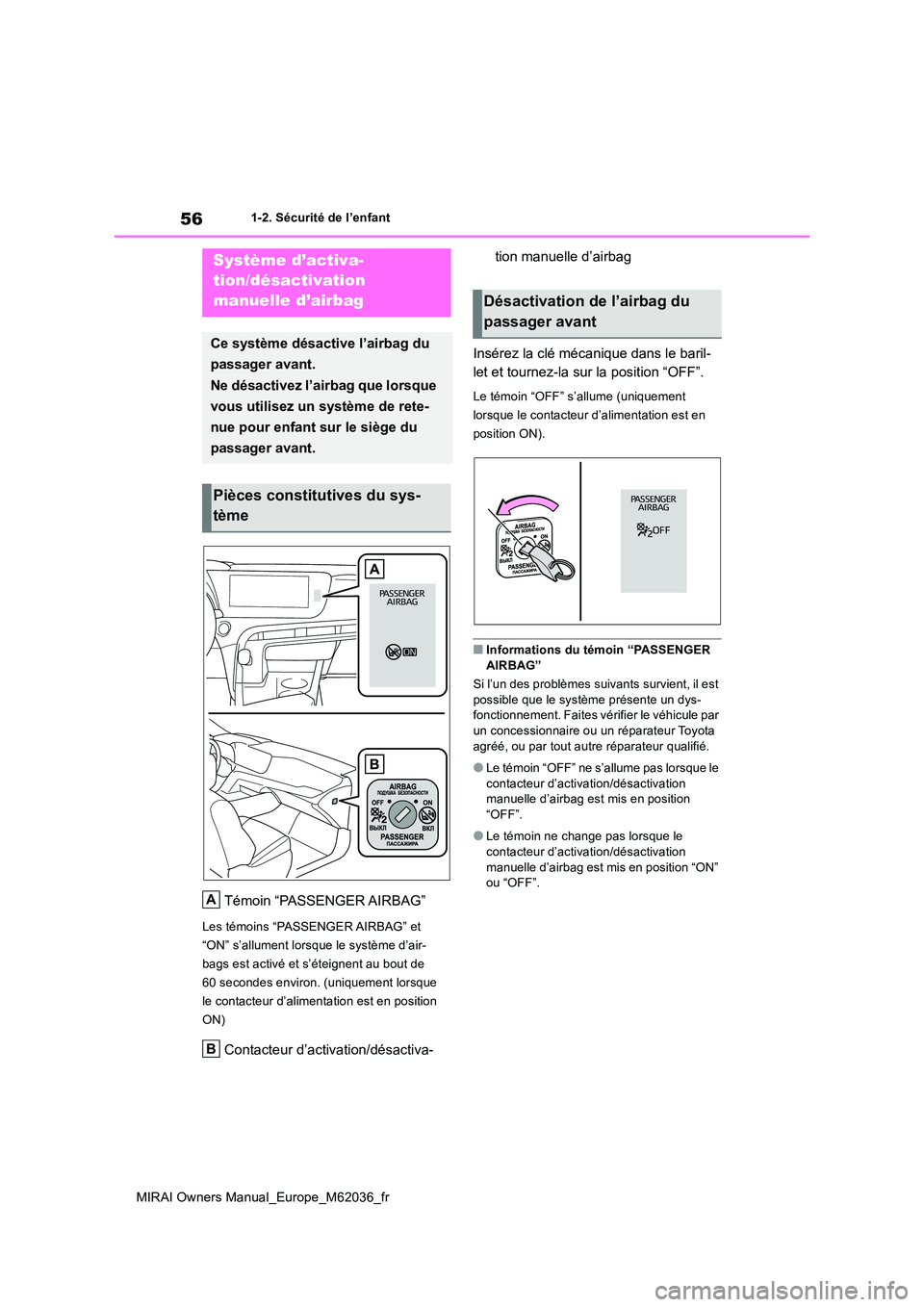 TOYOTA MIRAI 2020  Manuel du propriétaire (in French) 56
MIRAI Owners Manual_Europe_M62036_fr
1-2. Sécurité de l’enfant
1-2.Sécu rité  de  l’e nfa nt
Témoin “PASSENGER AIRBAG”
Les témoins “PASSENGER AIRBAG” et  
“ON” s’allument lo