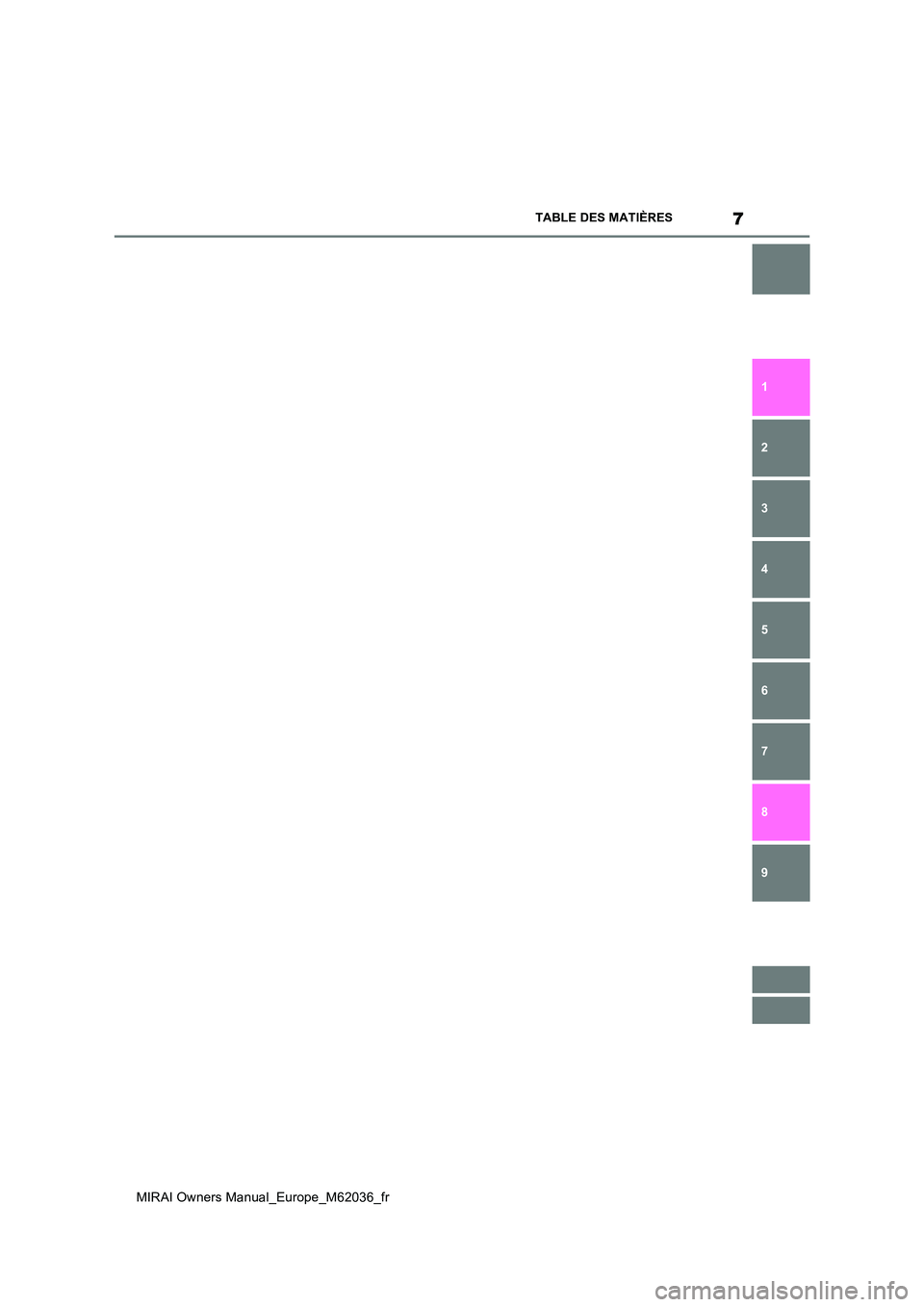 TOYOTA MIRAI 2020  Manuel du propriétaire (in French) 7
MIRAI Owners Manual_Europe_M62036_fr
TABLE DES MATIÈRES
1 
6 
5
4
3
2
7 
8
9 