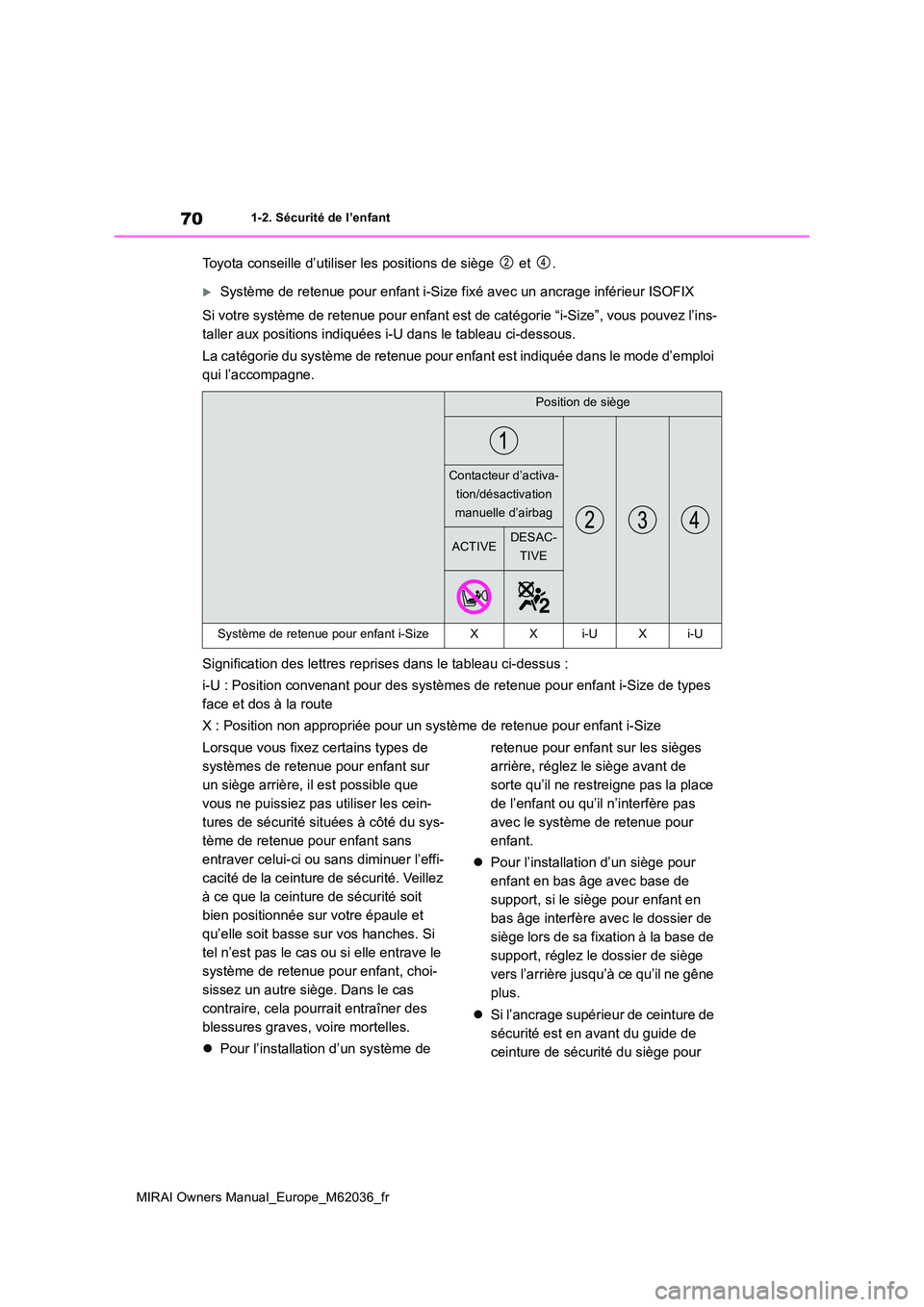 TOYOTA MIRAI 2020  Manuel du propriétaire (in French) 70
MIRAI Owners Manual_Europe_M62036_fr
1-2. Sécurité de l’enfant
Toyota conseille d’utiliser les positions de siège   et  .
Système de retenue pour enfant i-Size fixé avec un ancrage inf
