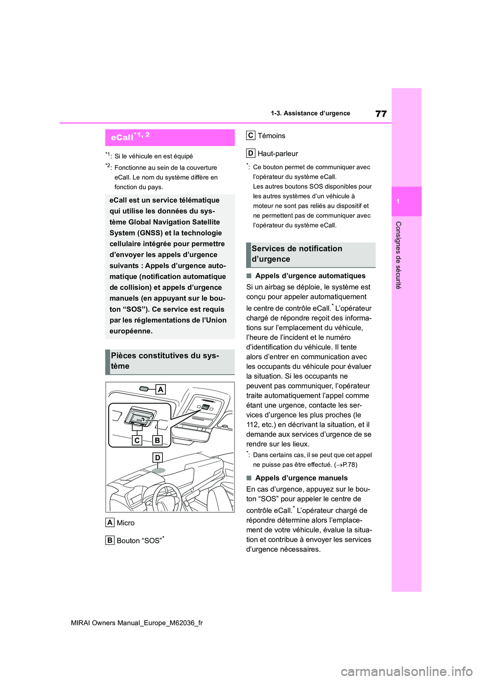 TOYOTA MIRAI 2020  Manuel du propriétaire (in French) 77
1
MIRAI Owners Manual_Europe_M62036_fr
1-3. Assistance d’urgence
Consignes de sécurité
1-3.Assistance  d ’urgenc e
*1: Si le véhicule en est équipé
*2: Fonctionne au sein de la couverture 