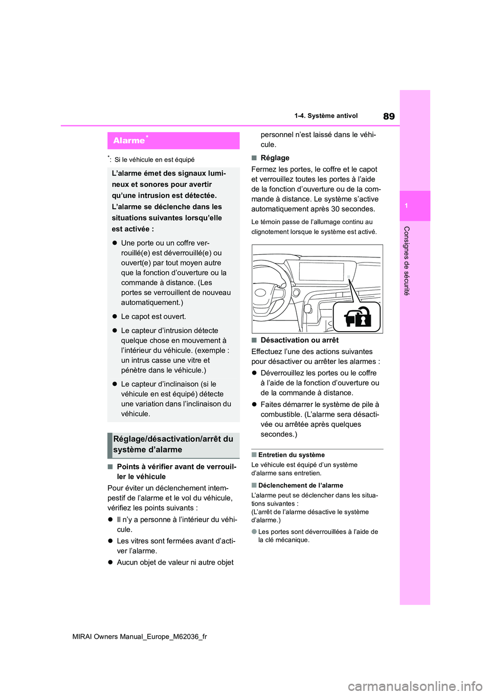 TOYOTA MIRAI 2020  Manuel du propriétaire (in French) 89
1
MIRAI Owners Manual_Europe_M62036_fr
1-4. Système antivol
Consignes de sécurité
*: Si le véhicule en est équipé
■Points à vérifier avant de verrouil- 
ler le véhicule 
Pour éviter un 
