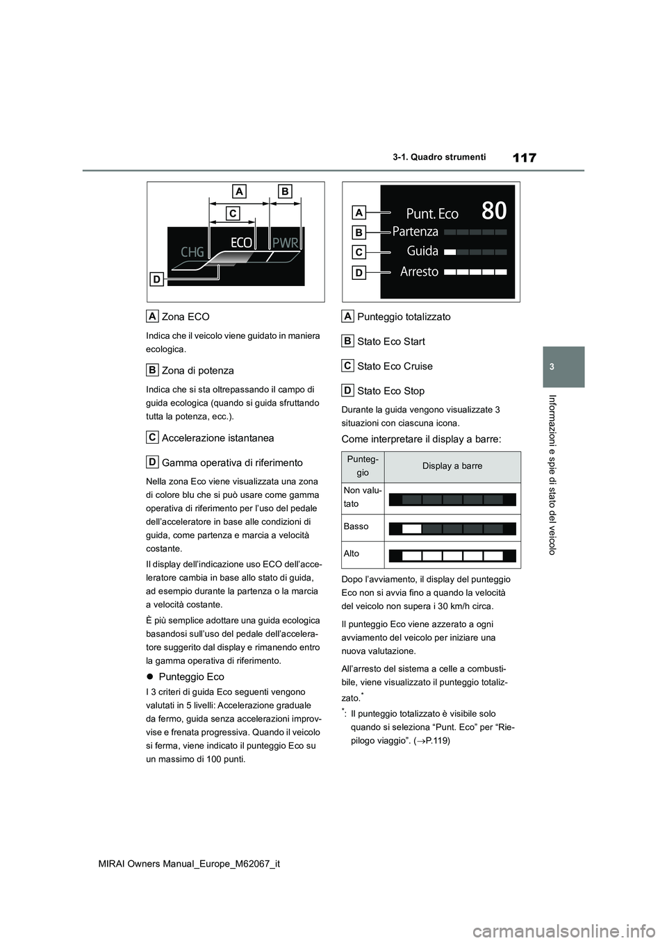 TOYOTA MIRAI 2020 Manuale duso (in Italian) 117
3
MIRAI Owners Manual_Europe_M62067_it
3-1. Quadro strumenti
Informazioni e spie di stato del veicolo
Zona ECO
Indica che il veicolo viene guidato in maniera
ecologica.
Zona di potenza
Indica ch TOYOTA MIRAI 2020 Manuale duso (in Italian) 117
3
MIRAI Owners Manual_Europe_M62067_it
3-1. Quadro strumenti
Informazioni e spie di stato del veicolo
Zona ECO
Indica che il veicolo viene guidato in maniera
ecologica.
Zona di potenza
Indica ch