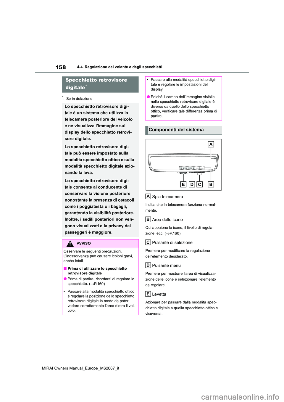 TOYOTA MIRAI 2020 Manuale duso (in Italian) 158
MIRAI Owners Manual_Europe_M62067_it
4-4. Regolazione del volante e degli specchietti
*: Se in dotazione
Spia telecamera
Indica che la telecamera funziona normal-
mente.
Area delle icone
Qui appa TOYOTA MIRAI 2020 Manuale duso (in Italian) 158
MIRAI Owners Manual_Europe_M62067_it
4-4. Regolazione del volante e degli specchietti
*: Se in dotazione
Spia telecamera
Indica che la telecamera funziona normal-
mente.
Area delle icone
Qui appa