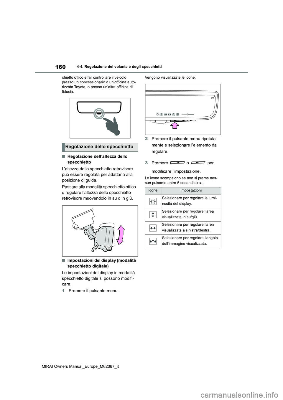 TOYOTA MIRAI 2020 Manuale duso (in Italian) 160
MIRAI Owners Manual_Europe_M62067_it
4-4. Regolazione del volante e degli specchietti
chietto ottico e far controllare il veicolo presso un concessionario o un’officina auto-rizzata Toyota, o TOYOTA MIRAI 2020 Manuale duso (in Italian) 160
MIRAI Owners Manual_Europe_M62067_it
4-4. Regolazione del volante e degli specchietti
chietto ottico e far controllare il veicolo presso un concessionario o un’officina auto-rizzata Toyota, o