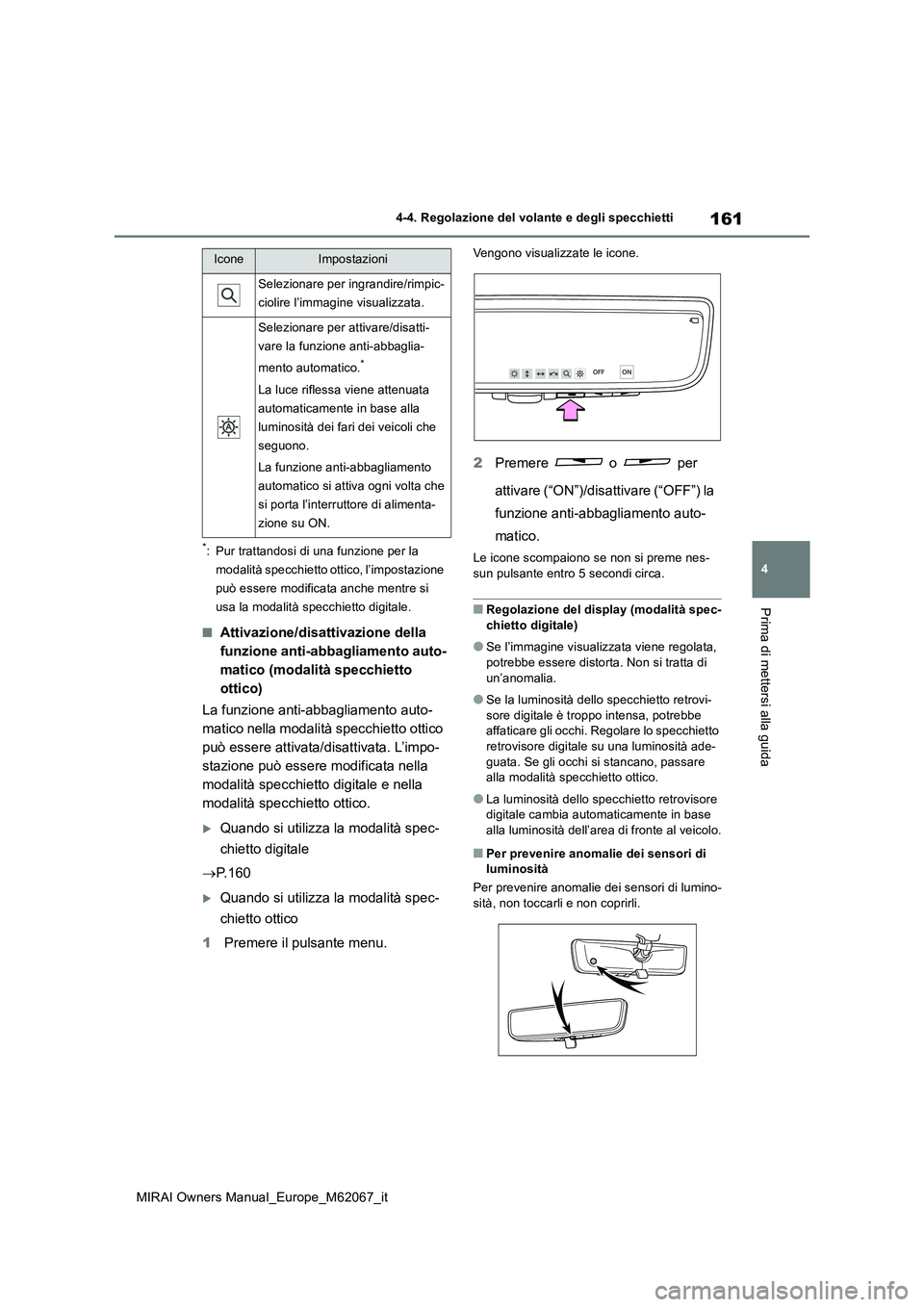TOYOTA MIRAI 2020 Manuale duso (in Italian) 161
4
MIRAI Owners Manual_Europe_M62067_it
4-4. Regolazione del volante e degli specchietti
Prima di mettersi alla guida
*: Pur trattandosi di una funzione per la
modalità specchietto ottico, l’i TOYOTA MIRAI 2020 Manuale duso (in Italian) 161
4
MIRAI Owners Manual_Europe_M62067_it
4-4. Regolazione del volante e degli specchietti
Prima di mettersi alla guida
*: Pur trattandosi di una funzione per la
modalità specchietto ottico, l’i