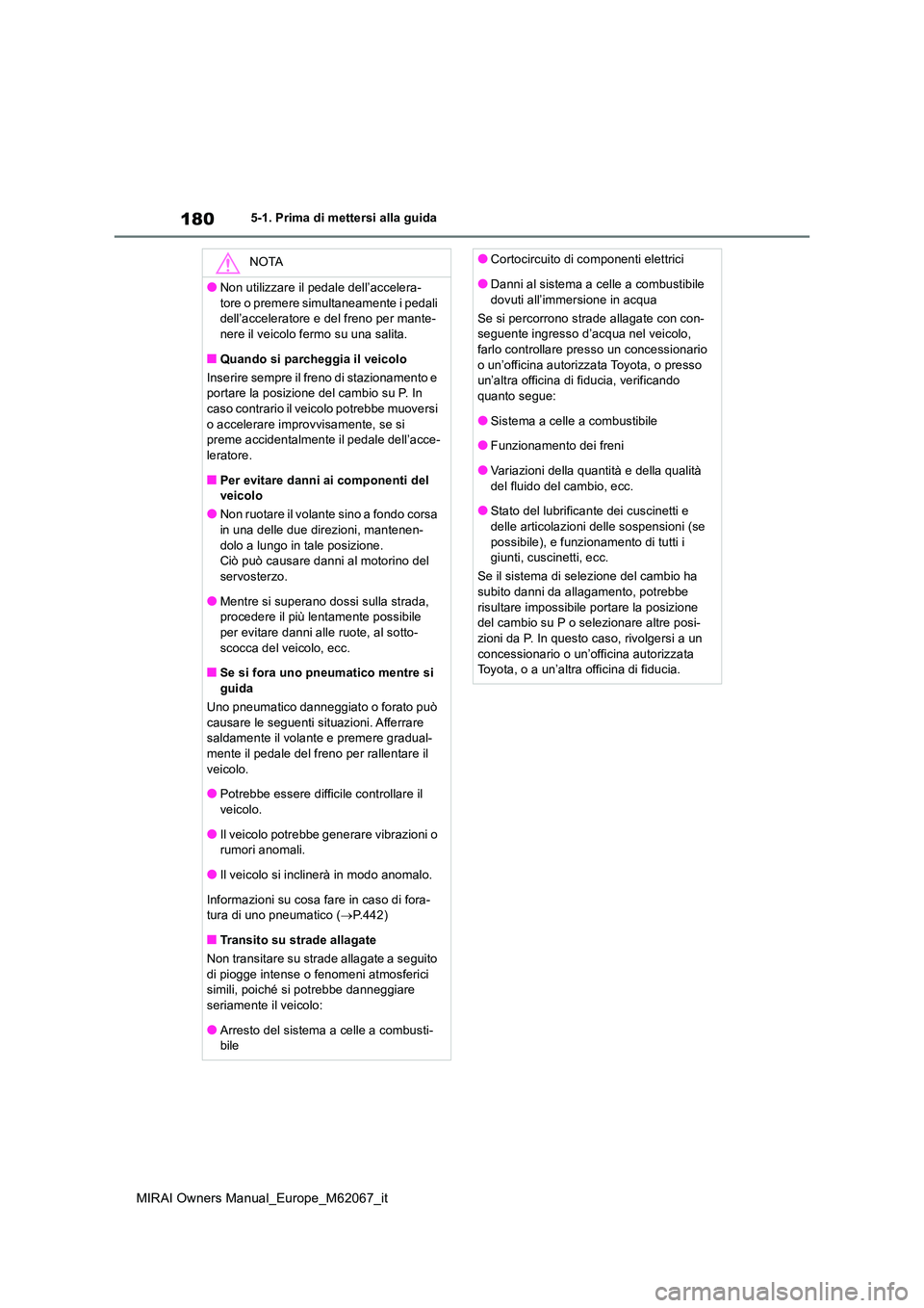 TOYOTA MIRAI 2020 Manuale duso (in Italian) 180
MIRAI Owners Manual_Europe_M62067_it
5-1. Prima di mettersi alla guida
NOTA
●Non utilizzare il pedale dell’accelera-
tore o premere simultaneamente i pedali dell’acceleratore e del freno p TOYOTA MIRAI 2020 Manuale duso (in Italian) 180
MIRAI Owners Manual_Europe_M62067_it
5-1. Prima di mettersi alla guida
NOTA
●Non utilizzare il pedale dell’accelera-
tore o premere simultaneamente i pedali dell’acceleratore e del freno p