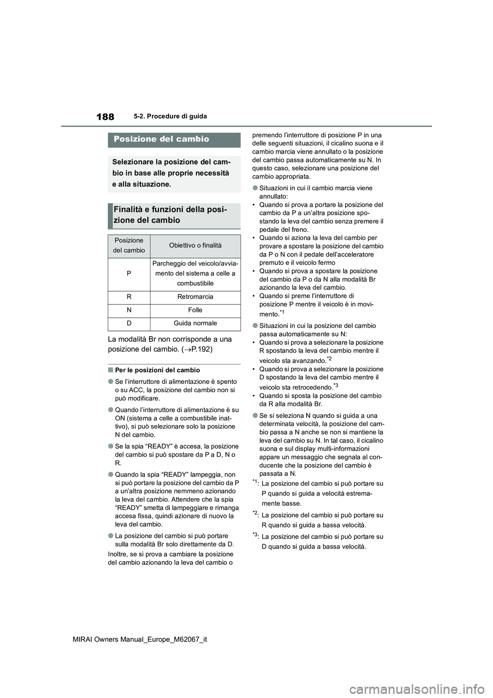 TOYOTA MIRAI 2020 Manuale duso (in Italian) 188
MIRAI Owners Manual_Europe_M62067_it
5-2. Procedure di guida
La modalità Br non corrisponde a una
posizione del cambio. ( P.192)
■Per le posizioni del cambio
●Se l’interruttore di alim TOYOTA MIRAI 2020 Manuale duso (in Italian) 188
MIRAI Owners Manual_Europe_M62067_it
5-2. Procedure di guida
La modalità Br non corrisponde a una
posizione del cambio. ( P.192)
■Per le posizioni del cambio
●Se l’interruttore di alim