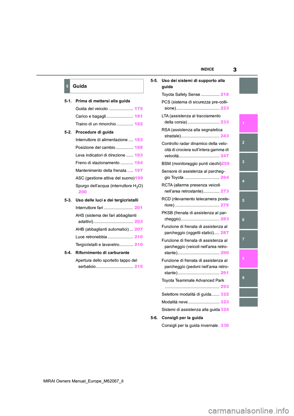 TOYOTA MIRAI 2020  Manuale duso (in Italian) 3
MIRAI Owners Manual_Europe_M62067_it
INDICE
1 
6 
5
4
3
2
7 
8
9
5-1. Prima di mettersi alla guida 
Guida del veicolo ..................... 175 
Carico e bagagli ....................... 181 
Traino 