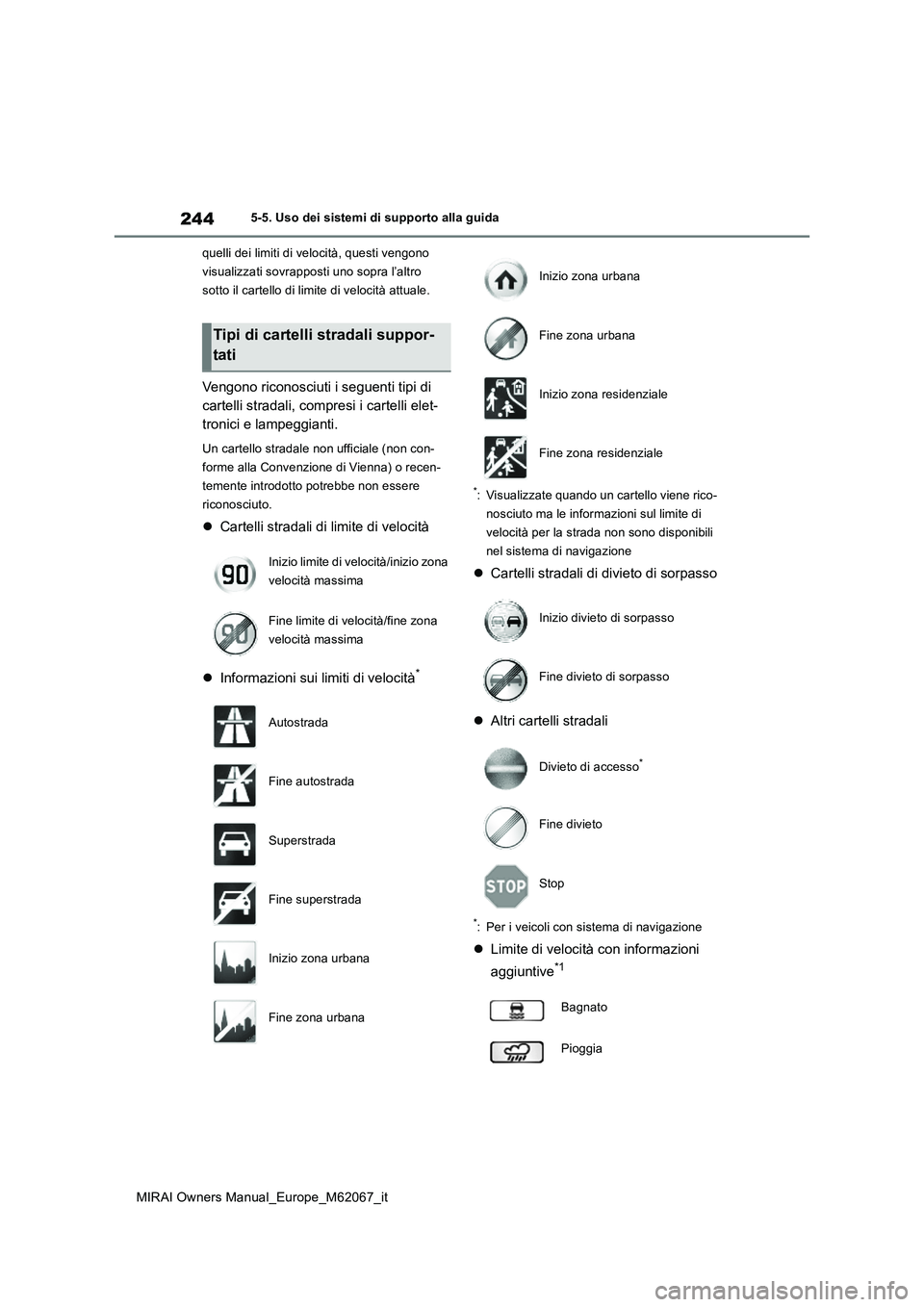 TOYOTA MIRAI 2020 Manuale duso (in Italian) 244
MIRAI Owners Manual_Europe_M62067_it
5-5. Uso dei sistemi di supporto alla guida
quelli dei limiti di velocità, questi vengono
visualizzati sovrapposti uno sopra l’altro
sotto il cartello d TOYOTA MIRAI 2020 Manuale duso (in Italian) 244
MIRAI Owners Manual_Europe_M62067_it
5-5. Uso dei sistemi di supporto alla guida
quelli dei limiti di velocità, questi vengono
visualizzati sovrapposti uno sopra l’altro
sotto il cartello d