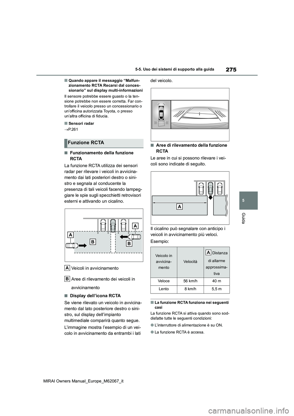 TOYOTA MIRAI 2020 Manuale duso (in Italian) 275
5
MIRAI Owners Manual_Europe_M62067_it
5-5. Uso dei sistemi di supporto alla guida
Guida
■Quando appare il messaggio “Malfun- zionamento RCTA Recarsi dal conces-sionario” sul display multi-i TOYOTA MIRAI 2020 Manuale duso (in Italian) 275
5
MIRAI Owners Manual_Europe_M62067_it
5-5. Uso dei sistemi di supporto alla guida
Guida
■Quando appare il messaggio “Malfun- zionamento RCTA Recarsi dal conces-sionario” sul display multi-i