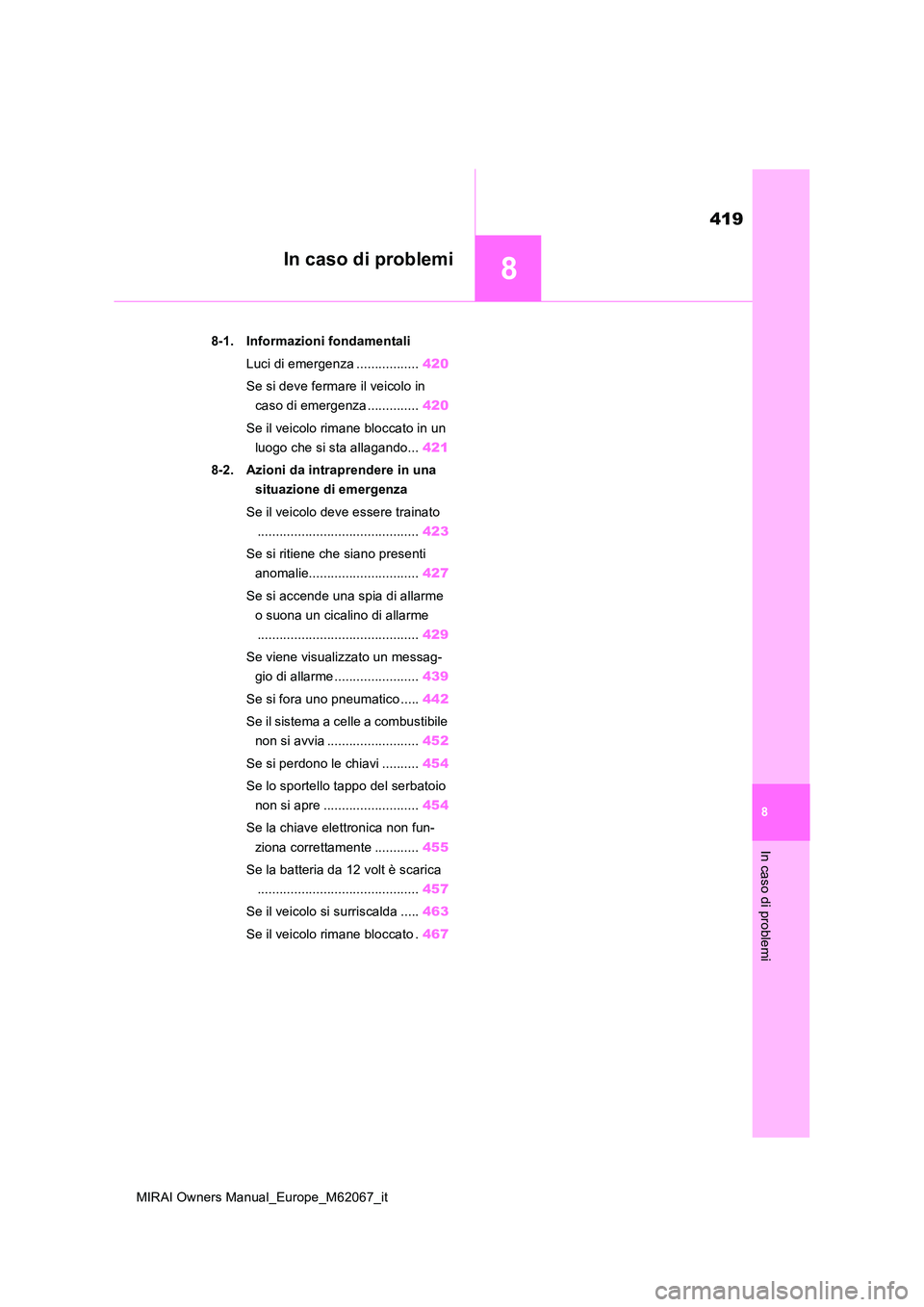 TOYOTA MIRAI 2020 Manuale duso (in Italian) 8
419
MIRAI Owners Manual_Europe_M62067_it
8
In caso di problemi
In caso di problemi
8-1. Informazioni fondamentali
Luci di emergenza ................. 420
Se si deve fermare il veicolo in
caso di TOYOTA MIRAI 2020 Manuale duso (in Italian) 8
419
MIRAI Owners Manual_Europe_M62067_it
8
In caso di problemi
In caso di problemi
8-1. Informazioni fondamentali
Luci di emergenza ................. 420
Se si deve fermare il veicolo in
caso di