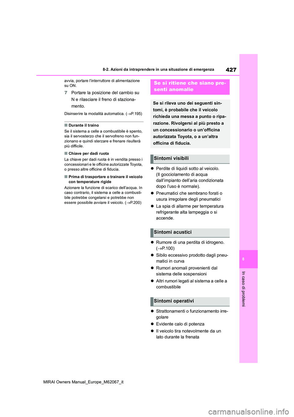 TOYOTA MIRAI 2020 Manuale duso (in Italian) 427
8
MIRAI Owners Manual_Europe_M62067_it
8-2. Azioni da intraprendere in una situazione di emergenza
In caso di problemi
avvia, portare l’interruttore di alimentazione su ON.
7 Portare la posizio TOYOTA MIRAI 2020 Manuale duso (in Italian) 427
8
MIRAI Owners Manual_Europe_M62067_it
8-2. Azioni da intraprendere in una situazione di emergenza
In caso di problemi
avvia, portare l’interruttore di alimentazione su ON.
7 Portare la posizio