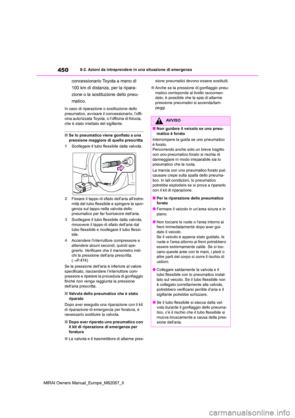 TOYOTA MIRAI 2020  Manuale duso (in Italian) 450
MIRAI Owners Manual_Europe_M62067_it
8-2. Azioni da intraprendere in una situazione di emergenza
concessionario Toyota a meno di  
100 km di distanza, per la ripara- 
zione o la sostituzione dello