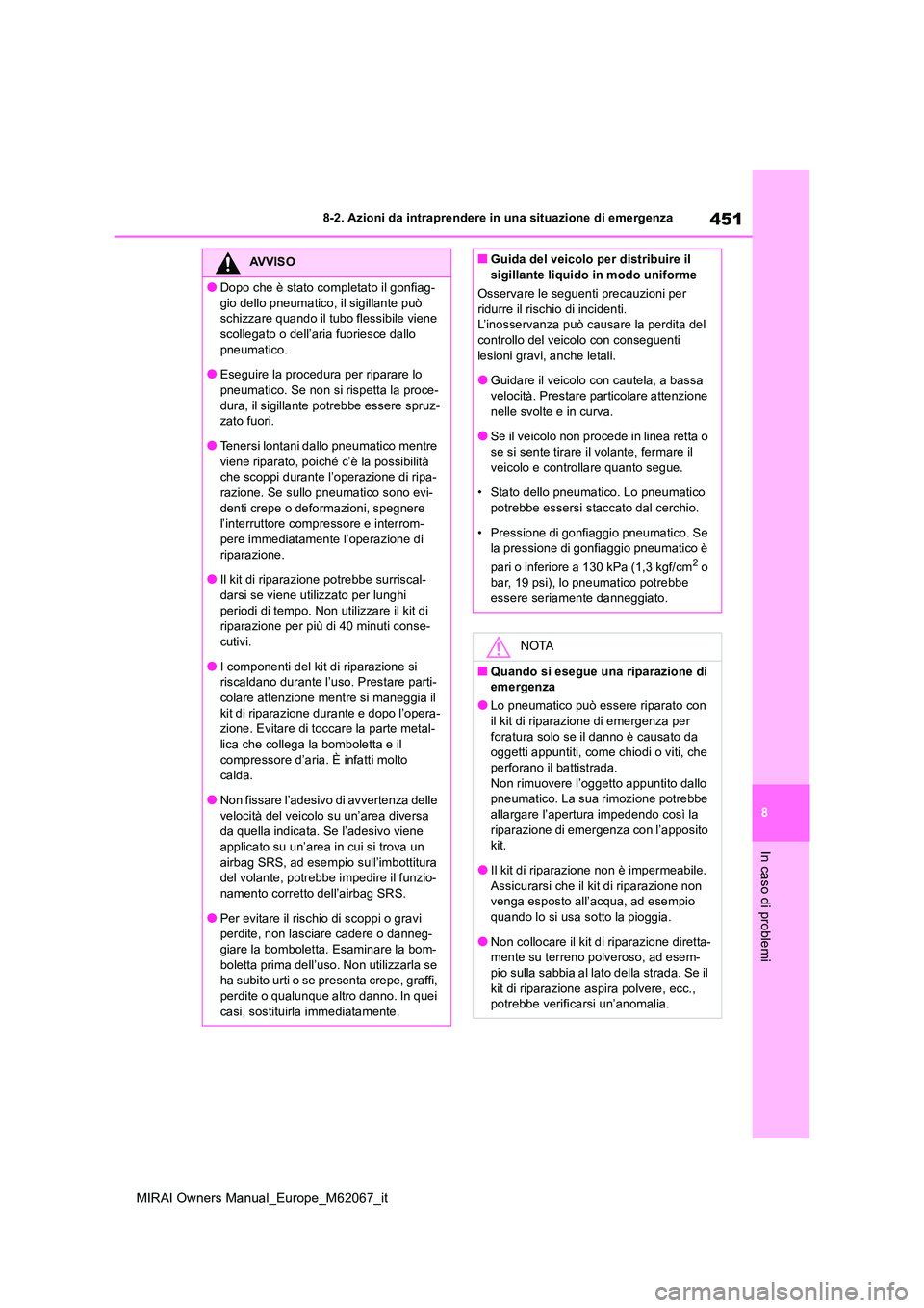 TOYOTA MIRAI 2020 Manuale duso (in Italian) 451
8
MIRAI Owners Manual_Europe_M62067_it
8-2. Azioni da intraprendere in una situazione di emergenza
In caso di problemi
AVVISO
●Dopo che è stato completato il gonfiag-
gio dello pneumatico, il TOYOTA MIRAI 2020 Manuale duso (in Italian) 451
8
MIRAI Owners Manual_Europe_M62067_it
8-2. Azioni da intraprendere in una situazione di emergenza
In caso di problemi
AVVISO
●Dopo che è stato completato il gonfiag-
gio dello pneumatico, il