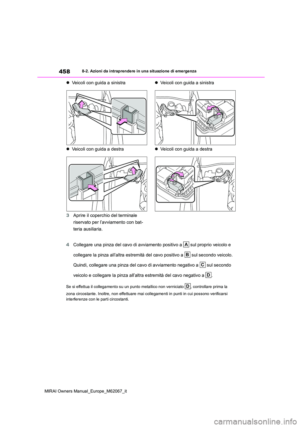 TOYOTA MIRAI 2020 Manuale duso (in Italian) 458
MIRAI Owners Manual_Europe_M62067_it
8-2. Azioni da intraprendere in una situazione di emergenza
Veicoli con guida a sinistra
Veicoli con guida a destra
3 Aprire il coperchio del terminal TOYOTA MIRAI 2020 Manuale duso (in Italian) 458
MIRAI Owners Manual_Europe_M62067_it
8-2. Azioni da intraprendere in una situazione di emergenza
Veicoli con guida a sinistra
Veicoli con guida a destra
3 Aprire il coperchio del terminal