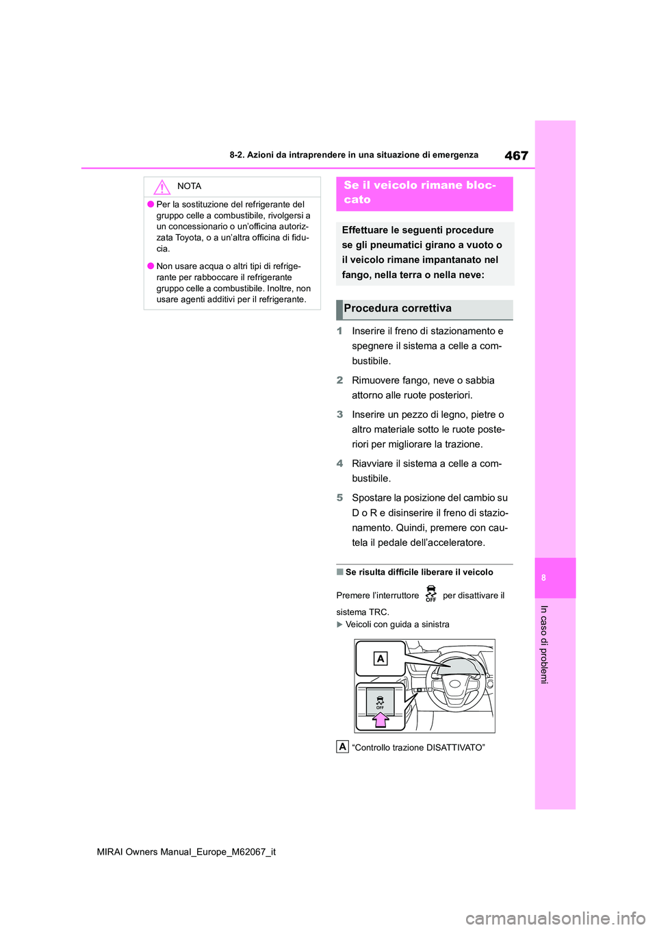 TOYOTA MIRAI 2020  Manuale duso (in Italian) 467
8
MIRAI Owners Manual_Europe_M62067_it
8-2. Azioni da intraprendere in una situazione di emergenza
In caso di problemi
1Inserire il freno di stazionamento e  
spegnere il sistema a celle a com- 
b