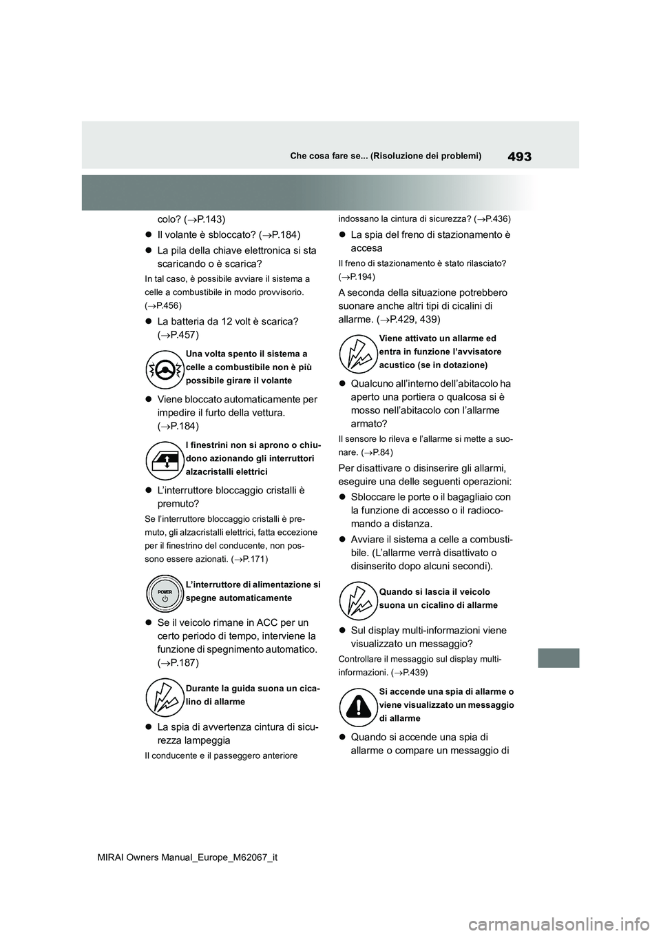 TOYOTA MIRAI 2020 Manuale duso (in Italian) 493
MIRAI Owners Manual_Europe_M62067_it
Che cosa fare se... (Risoluzione dei problemi)
colo? (P.143)
Il volante è sbloccato? (P.184)
La pila della chiave elettronica si sta
scarica TOYOTA MIRAI 2020 Manuale duso (in Italian) 493
MIRAI Owners Manual_Europe_M62067_it
Che cosa fare se... (Risoluzione dei problemi)
colo? (P.143)
Il volante è sbloccato? (P.184)
La pila della chiave elettronica si sta
scarica