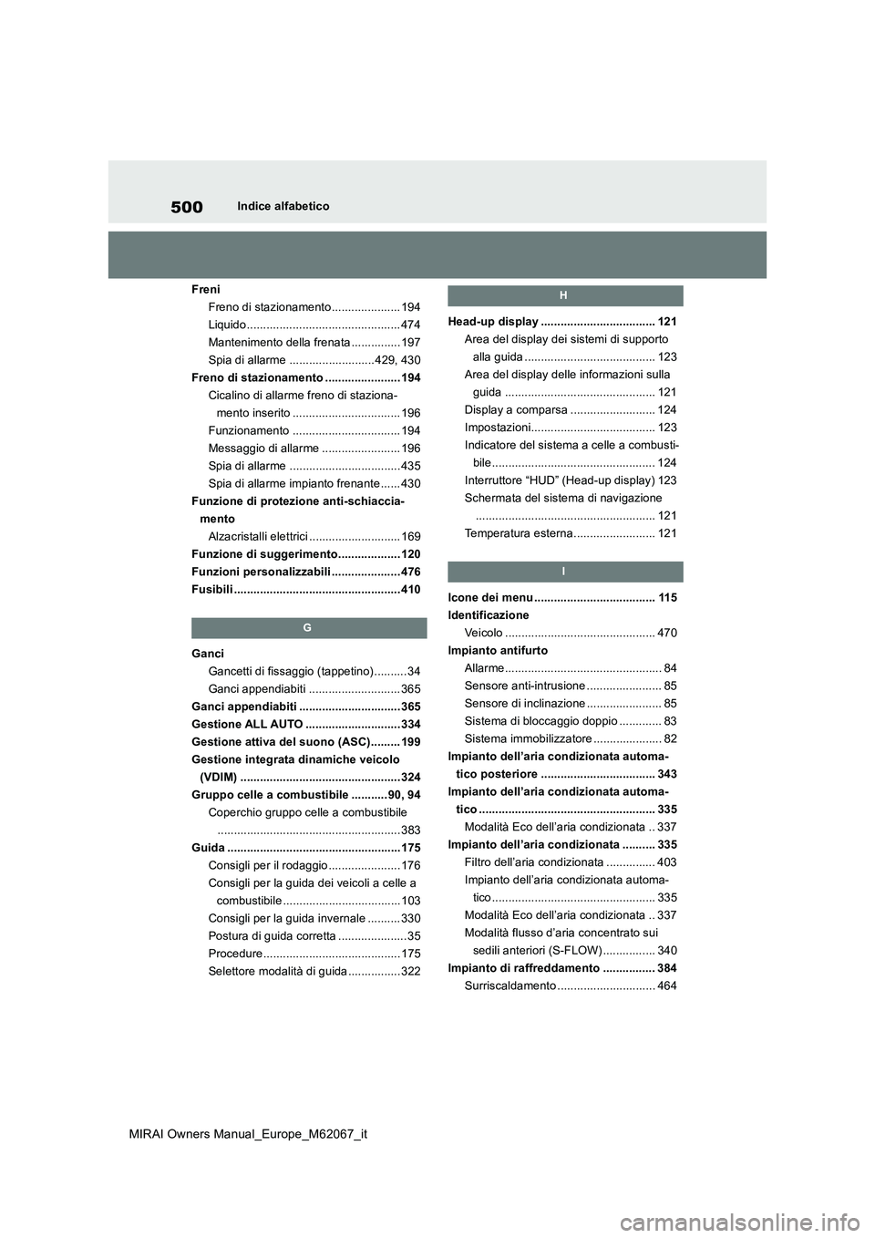 TOYOTA MIRAI 2020 Manuale duso (in Italian) 500
MIRAI Owners Manual_Europe_M62067_it
Indice alfabetico
Freni
Freno di stazionamento..................... 194
Liquido ............................................... 474
Mantenimento della frenat TOYOTA MIRAI 2020 Manuale duso (in Italian) 500
MIRAI Owners Manual_Europe_M62067_it
Indice alfabetico
Freni
Freno di stazionamento..................... 194
Liquido ............................................... 474
Mantenimento della frenat