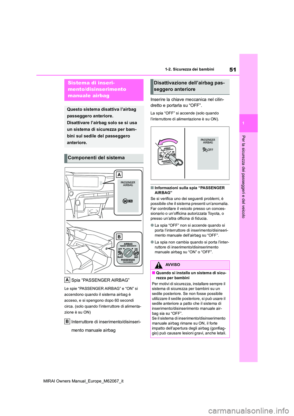 TOYOTA MIRAI 2020 Manuale duso (in Italian) 51
1
MIRAI Owners Manual_Europe_M62067_it
1-2. Sicurezza dei bambini
Per la sicurezza dei passeggeri e del veicolo
1-2.Sicure zza de i bambini
Spia “PASSENGER AIRBAG”
Le spie “PASSENGER AIRBAG TOYOTA MIRAI 2020 Manuale duso (in Italian) 51
1
MIRAI Owners Manual_Europe_M62067_it
1-2. Sicurezza dei bambini
Per la sicurezza dei passeggeri e del veicolo
1-2.Sicure zza de i bambini
Spia “PASSENGER AIRBAG”
Le spie “PASSENGER AIRBAG