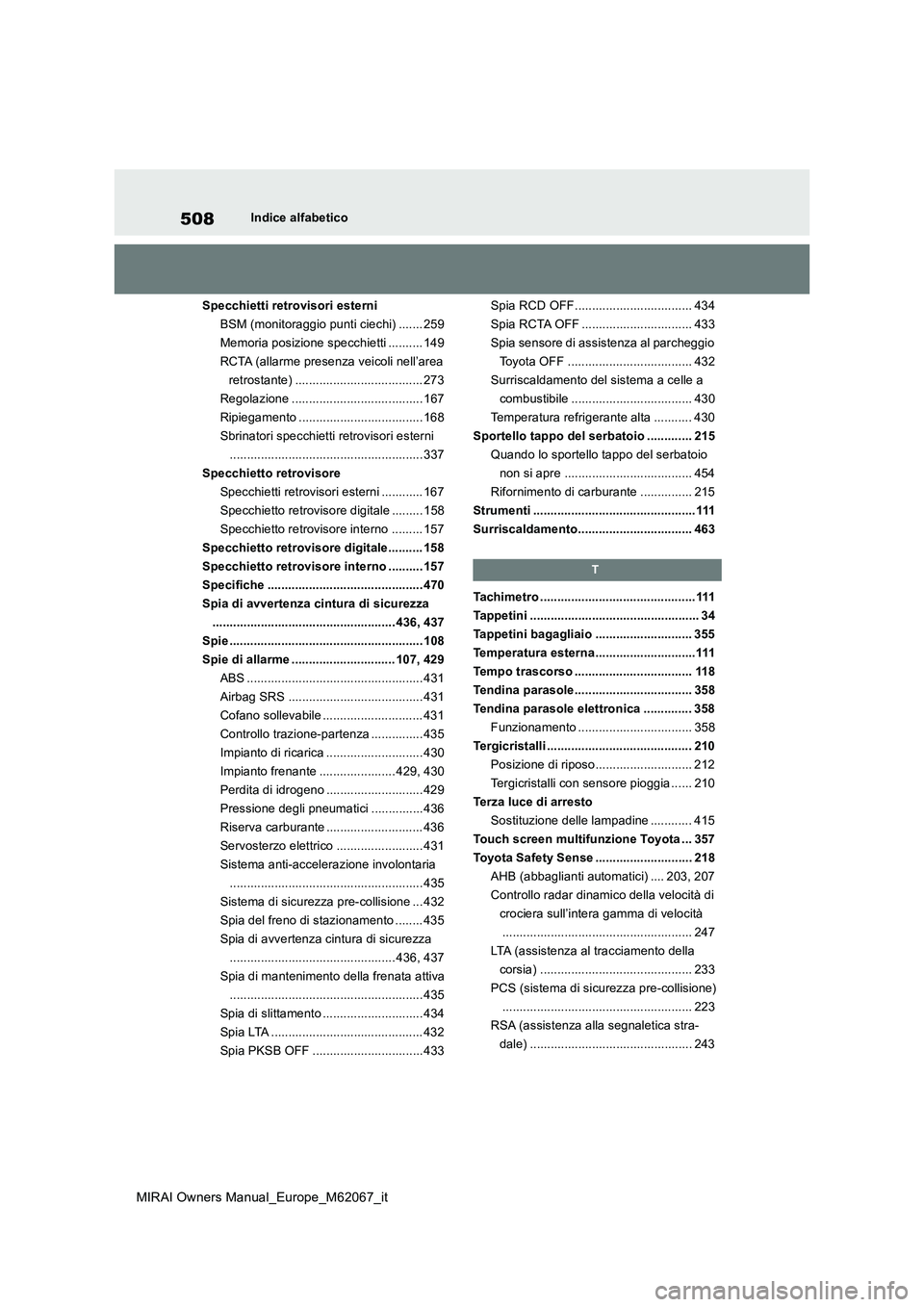 TOYOTA MIRAI 2020 Manuale duso (in Italian) 508
MIRAI Owners Manual_Europe_M62067_it
Indice alfabetico
Specchietti retrovisori esterni
BSM (monitoraggio punti ciechi) ....... 259
Memoria posizione specchietti .......... 149
RCTA (allarme pres TOYOTA MIRAI 2020 Manuale duso (in Italian) 508
MIRAI Owners Manual_Europe_M62067_it
Indice alfabetico
Specchietti retrovisori esterni
BSM (monitoraggio punti ciechi) ....... 259
Memoria posizione specchietti .......... 149
RCTA (allarme pres