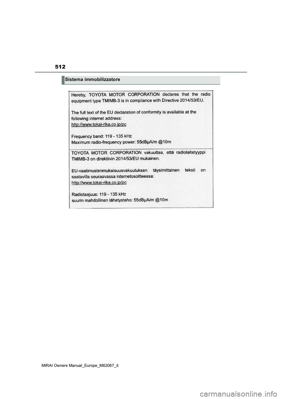 TOYOTA MIRAI 2020  Manuale duso (in Italian) 512
MIRAI Owners Manual_Europe_M62067_it
Sistema immobilizzatore 