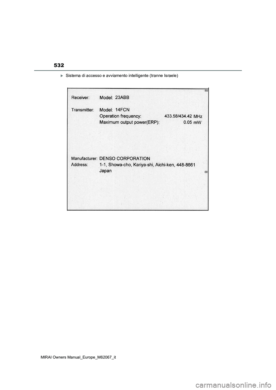 TOYOTA MIRAI 2020  Manuale duso (in Italian) 532
MIRAI Owners Manual_Europe_M62067_it
Sistema di accesso e avviamento intelligente (tranne Israele) 