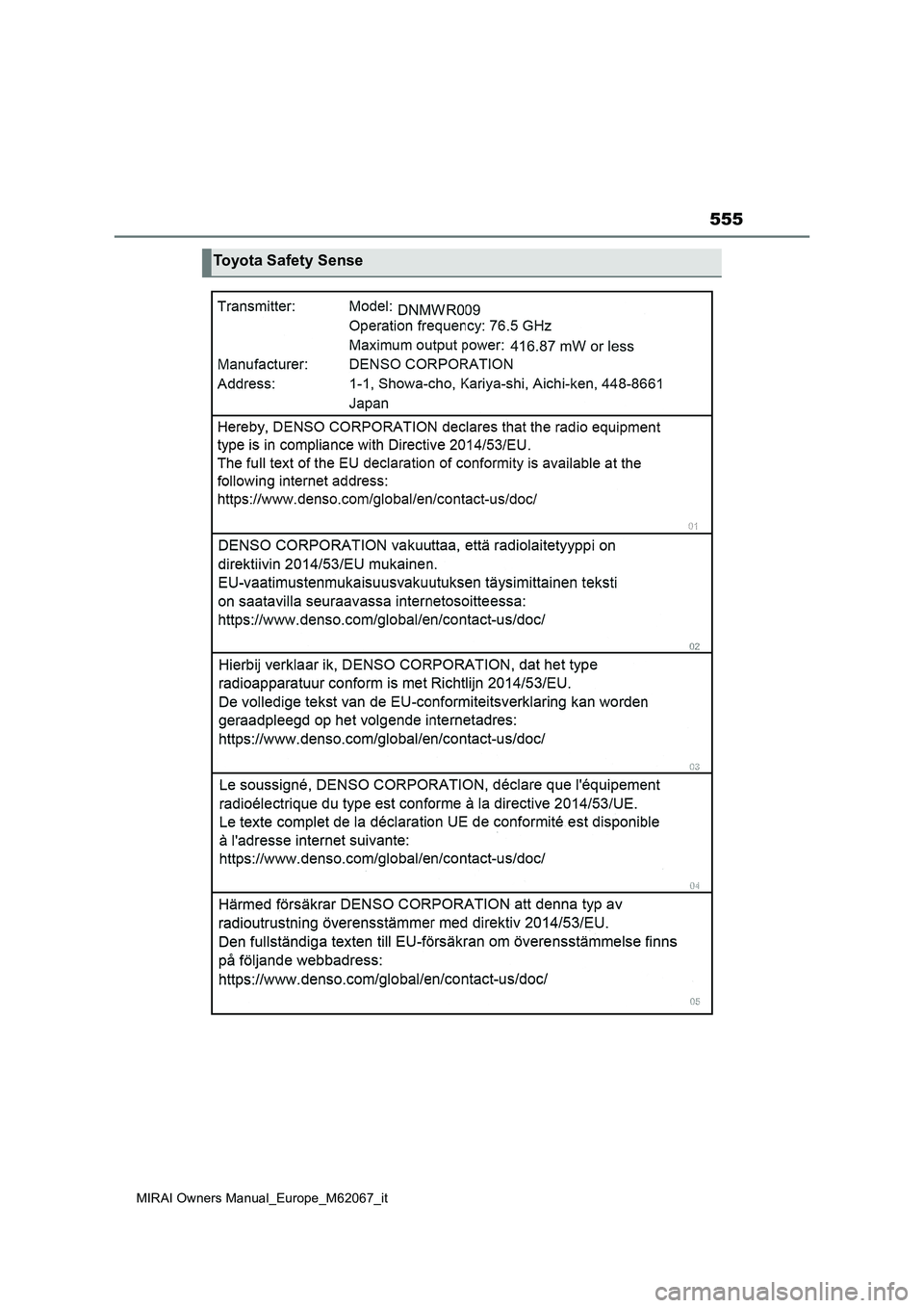 TOYOTA MIRAI 2020  Manuale duso (in Italian) 555
MIRAI Owners Manual_Europe_M62067_it
Toyota Safety Sense 
