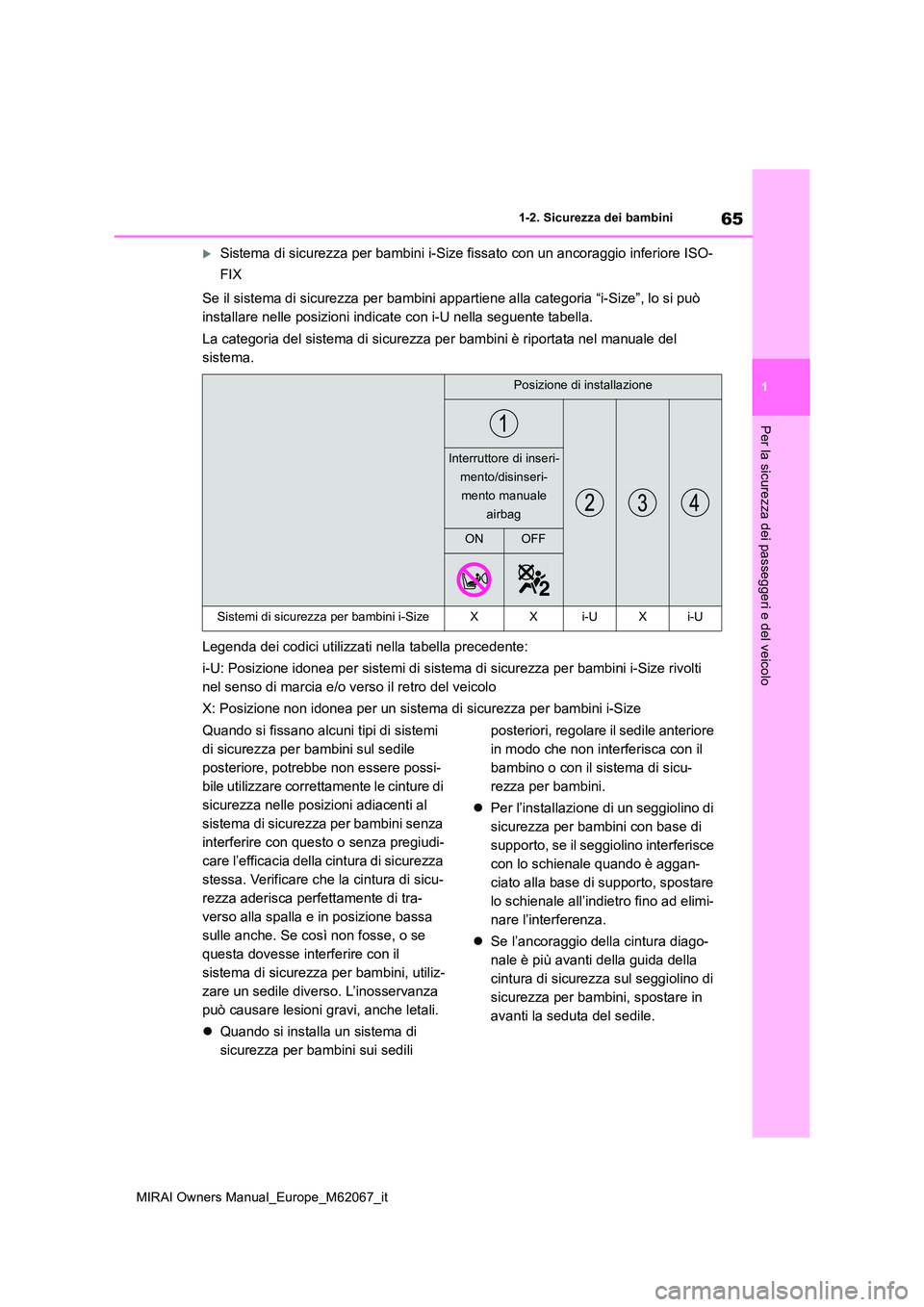 TOYOTA MIRAI 2020 Manuale duso (in Italian) 65
1
MIRAI Owners Manual_Europe_M62067_it
1-2. Sicurezza dei bambini
Per la sicurezza dei passeggeri e del veicolo
Sistema di sicurezza per bambini i-Size fissato con un ancoraggio inferiore ISO-
TOYOTA MIRAI 2020 Manuale duso (in Italian) 65
1
MIRAI Owners Manual_Europe_M62067_it
1-2. Sicurezza dei bambini
Per la sicurezza dei passeggeri e del veicolo
Sistema di sicurezza per bambini i-Size fissato con un ancoraggio inferiore ISO-