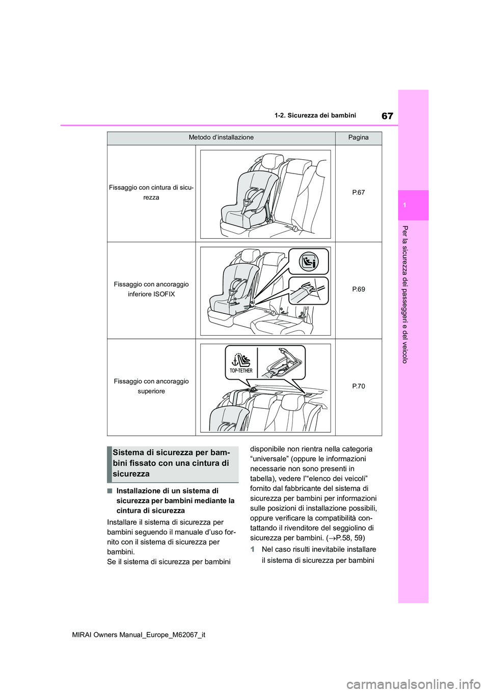 TOYOTA MIRAI 2020 Manuale duso (in Italian) 67
1
MIRAI Owners Manual_Europe_M62067_it
1-2. Sicurezza dei bambini
Per la sicurezza dei passeggeri e del veicolo
■Installazione di un sistema di
sicurezza per bambini mediante la
cintura di sic TOYOTA MIRAI 2020 Manuale duso (in Italian) 67
1
MIRAI Owners Manual_Europe_M62067_it
1-2. Sicurezza dei bambini
Per la sicurezza dei passeggeri e del veicolo
■Installazione di un sistema di
sicurezza per bambini mediante la
cintura di sic