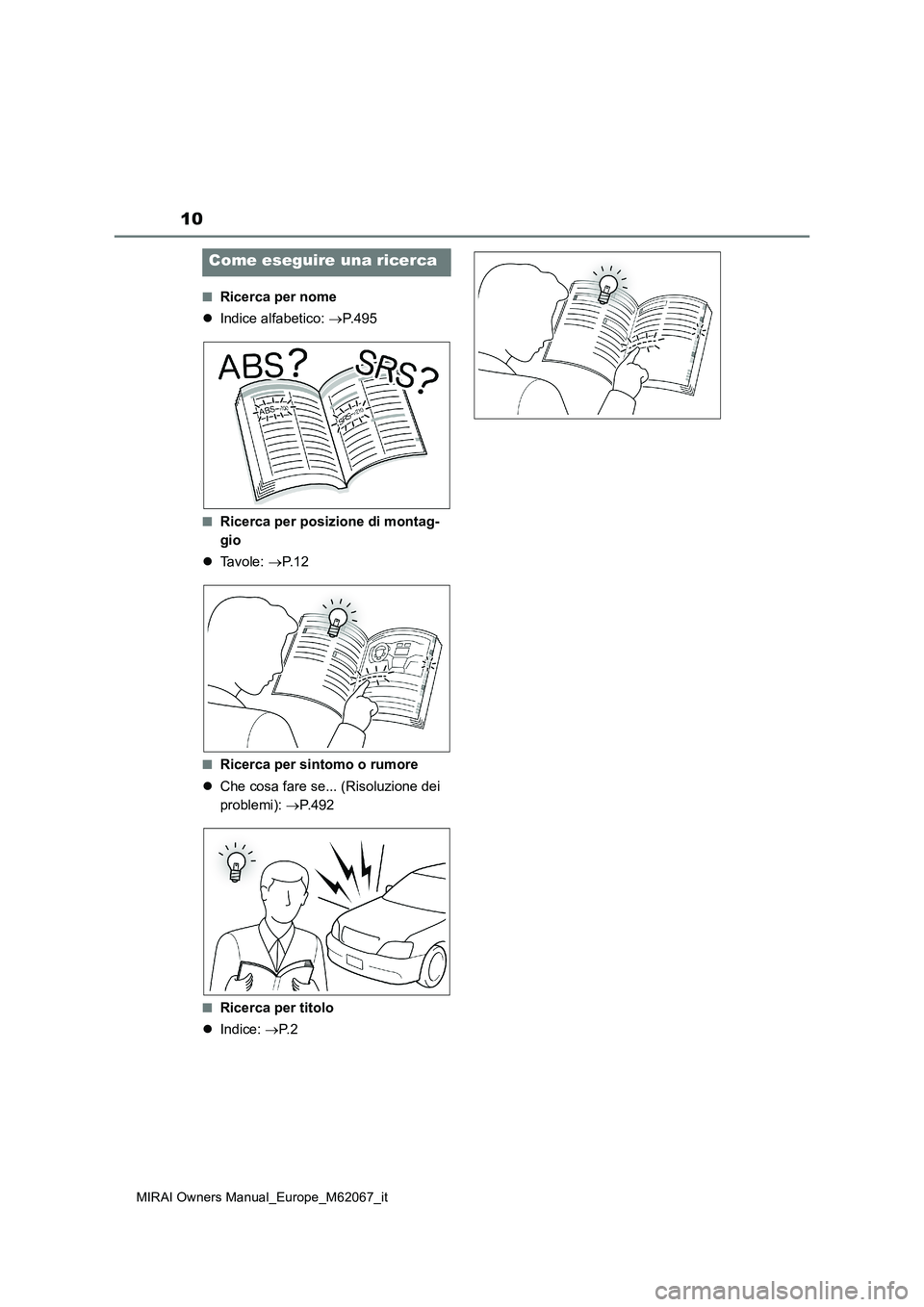 TOYOTA MIRAI 2020  Manuale duso (in Italian) 10
MIRAI Owners Manual_Europe_M62067_it 
■Ricerca per nome 
 Indice alfabetico: P.495
■Ricerca per posizione di montag- 
gio 
 Ta v o l e :  P. 1 2
■Ricerca per sintomo o rumore 
