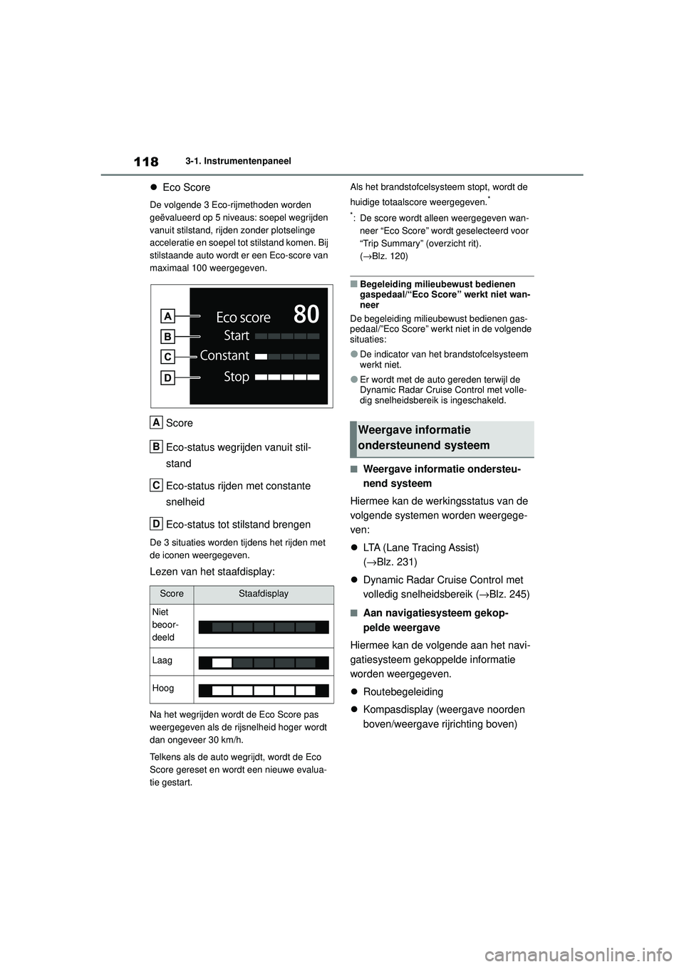 TOYOTA MIRAI 2020 Instructieboekje (in Dutch) 118
MIRAI Handleiding_Europa_M62035_nl
3-1. Instrumentenpaneel
Eco Score
De volgende 3 Eco-rijmethoden worden
geëvalueerd op 5 niveaus: soepel wegrijden
vanuit stilstand, rijden zonder plotselin TOYOTA MIRAI 2020 Instructieboekje (in Dutch) 118
MIRAI Handleiding_Europa_M62035_nl
3-1. Instrumentenpaneel
Eco Score
De volgende 3 Eco-rijmethoden worden
geëvalueerd op 5 niveaus: soepel wegrijden
vanuit stilstand, rijden zonder plotselin