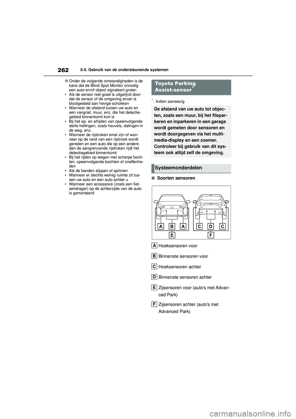 TOYOTA MIRAI 2020 Instructieboekje (in Dutch) 262
MIRAI Handleiding_Europa_M62035_nl
5-5. Gebruik van de ondersteunende systemen
●Onder de volgende omstandigheden is de
kans dat de Blind Spot Monitor onnodig
een auto en/of object signaleert g TOYOTA MIRAI 2020 Instructieboekje (in Dutch) 262
MIRAI Handleiding_Europa_M62035_nl
5-5. Gebruik van de ondersteunende systemen
●Onder de volgende omstandigheden is de
kans dat de Blind Spot Monitor onnodig
een auto en/of object signaleert g