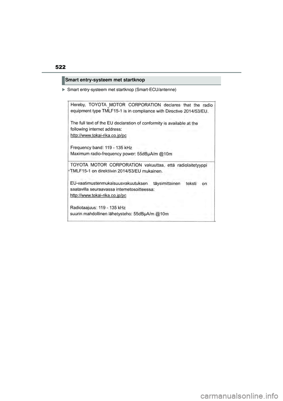 TOYOTA MIRAI 2020 Instructieboekje (in Dutch) 522
MIRAI Handleiding_Europa_M62035_nl
Smart entry-systeem met startknop (Smart-ECU/antenne)
Smart entry-systeem met startknop
MIRAI_OM_Europe_OM62035E.book Page 522 Friday, November 6, 2020 11: TOYOTA MIRAI 2020 Instructieboekje (in Dutch) 522
MIRAI Handleiding_Europa_M62035_nl
Smart entry-systeem met startknop (Smart-ECU/antenne)
Smart entry-systeem met startknop
MIRAI_OM_Europe_OM62035E.book Page 522 Friday, November 6, 2020 11:
