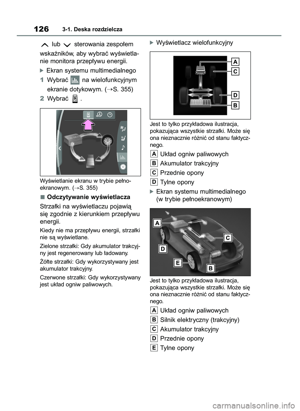 TOYOTA MIRAI 2020  Instrukcja obsługi (in Polish) lub  sterowania zespo∏em 
wskaêników, aby wybraç wyÊwietla-
nie monitora przep∏ywu energii.
óEkran systemu multimedialnego
1Wybraç  na wielofunkcyjnym 
ekranie dotykowym. (
S. 355)
2Wybraç