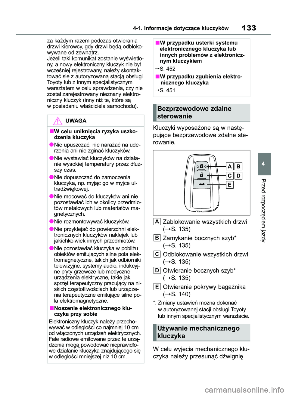 TOYOTA MIRAI 2020  Instrukcja obsługi (in Polish) za ka˝dym razem podczas otwierania
drzwi kierowcy, gdy drzwi b´dà odbloko-
wywane od zewnàtrz.
Je˝eli taki komunikat zostanie wyÊwietlo-
ny, a nowy elektroniczny kluczyk nie by∏
wczeÊniej rej
