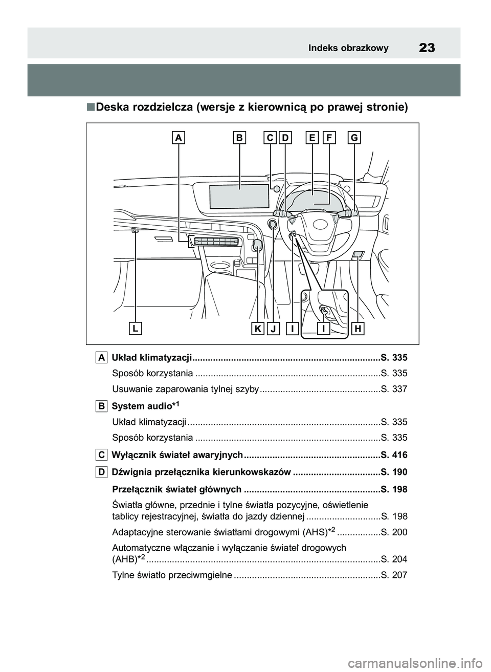 TOYOTA MIRAI 2020  Instrukcja obsługi (in Polish) Deska rozdzielcza (wersje z kierownicà po prawej stronie)
Uk∏ad klimatyzacji.........................................................................S. 335
Sposób korzystania .....................