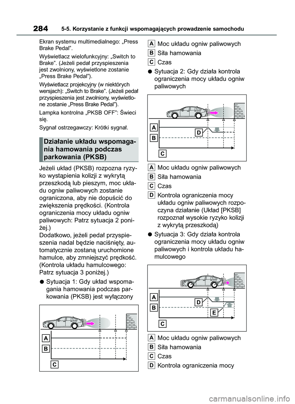 TOYOTA MIRAI 2020  Instrukcja obsługi (in Polish) Ekran systemu multimedialnego: „Press
Brake Pedal”.
WyÊwietlacz wielofunkcyjny: „Switch to
Brake”. (Je˝eli peda∏ przyspieszenia
jest zwolniony, wyÊwietlone zostanie
„Press Brake Pedal