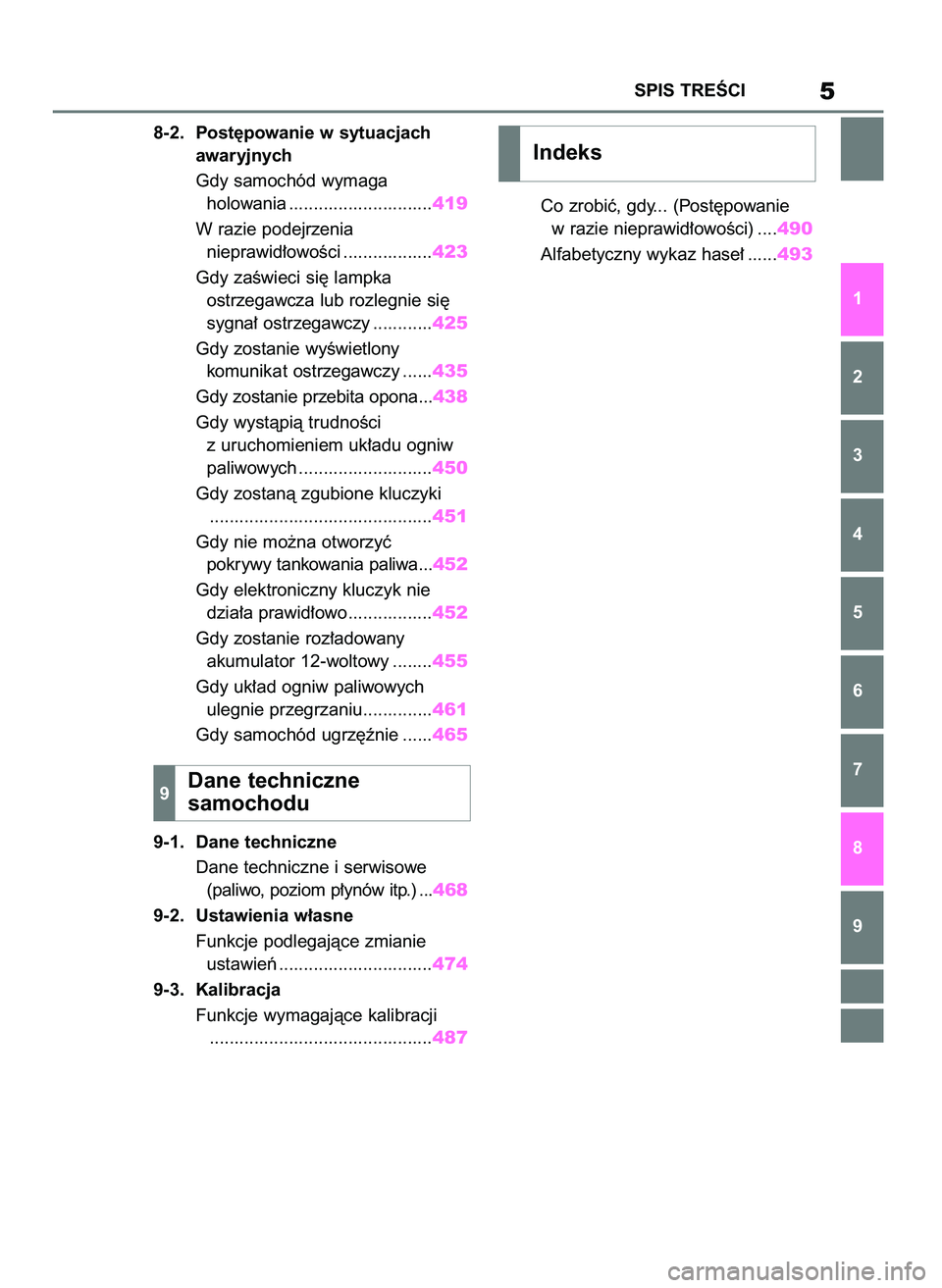 TOYOTA MIRAI 2020  Instrukcja obsługi (in Polish) 8-2. Post´powanie w sytuacjach 
awaryjnych
Gdy samochód wymaga 
holowania .............................419
W razie podejrzenia 
nieprawid∏owoÊci ..................423
Gdy zaÊwieci si´ lampka 
o