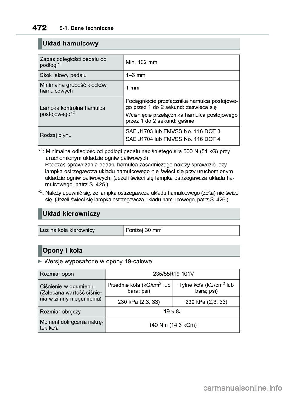 TOYOTA MIRAI 2020  Instrukcja obsługi (in Polish) *1: Minimalna odleg∏oÊç od pod∏ogi peda∏u naciÊni´tego si∏à 500 N (51 kG) przy
uruchomionym uk∏adzie ogniw paliwowych.
Podczas sprawdzania peda∏u hamulca zasadniczego nale˝y sprawdzi
