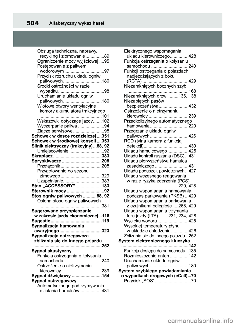 TOYOTA MIRAI 2020  Instrukcja obsługi (in Polish) Obs∏uga techniczna, naprawy, 
recykling i z∏omowanie ...............89
Ograniczenie mocy wyjÊciowej ....95
Post´powanie z paliwem 
wodorowym ................................97
Przycisk rozruchu 