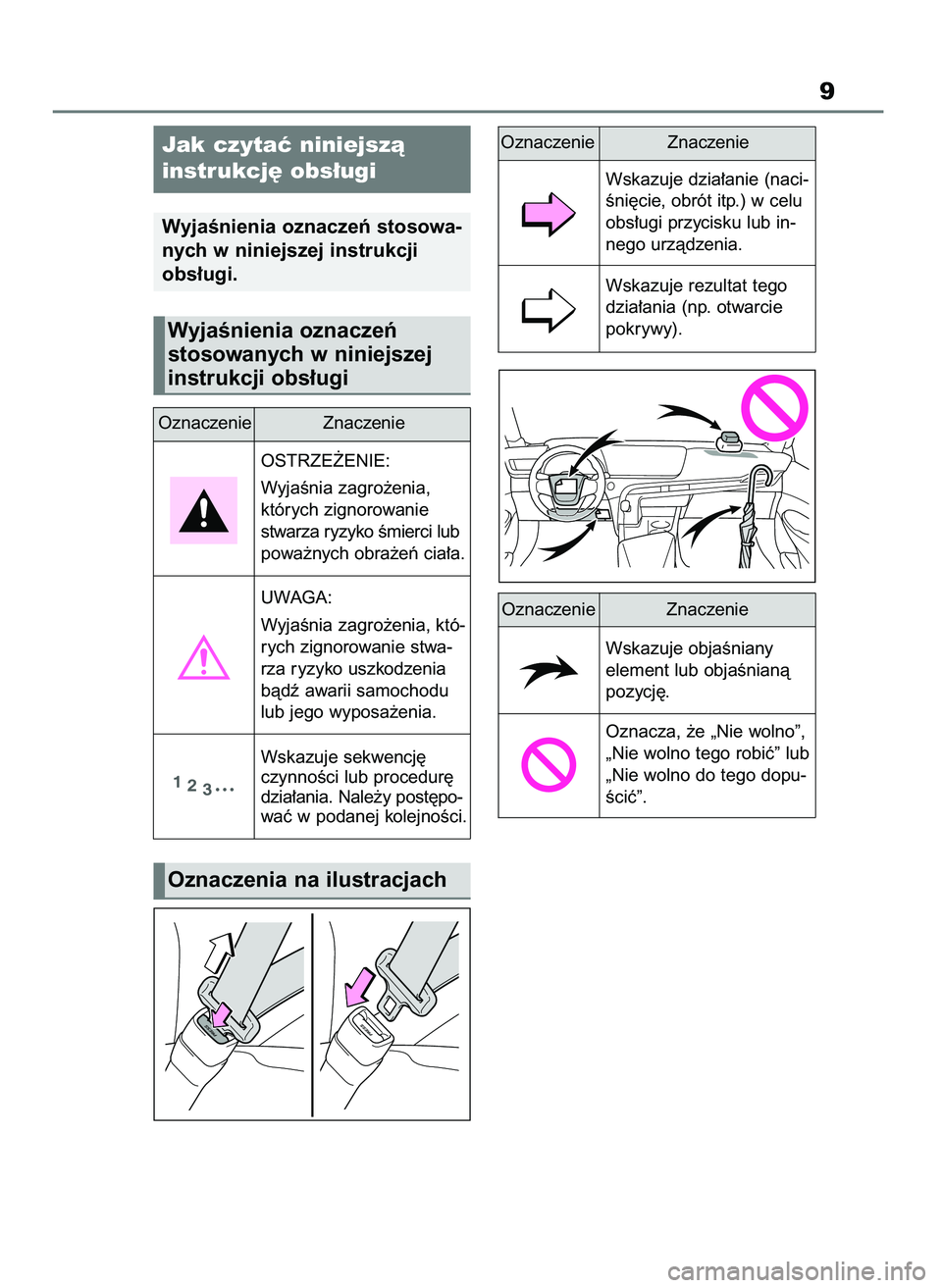 TOYOTA MIRAI 2020  Instrukcja obsługi (in Polish) 9
Jak czytaç niniejszà 
instrukcj´ obs∏ugi
WyjaÊnienia oznaczeƒ stosowa-
nych w niniejszej instrukcji 
obs∏ugi.
Oznaczenia na ilustracjach
Oznaczenie Znaczenie
OSTRZE˚ENIE:
WyjaÊnia zagro˝