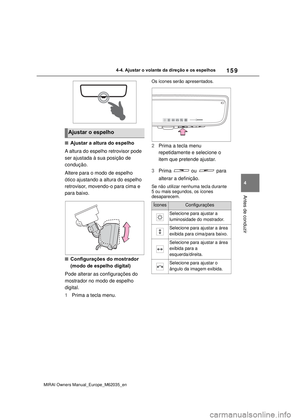 TOYOTA MIRAI 2020 Manual de utilização (in Portuguese) 159
4
MIRAI Owners Manual_Europe_M62035_en
4-4. Ajustar o volante da direção e os espelhos
Antes de conduzir
Ajustar a altura do espelho
A altura do espelho retrovisor pode
ser ajustada à sua p TOYOTA MIRAI 2020 Manual de utilização (in Portuguese) 159
4
MIRAI Owners Manual_Europe_M62035_en
4-4. Ajustar o volante da direção e os espelhos
Antes de conduzir
Ajustar a altura do espelho
A altura do espelho retrovisor pode
ser ajustada à sua p