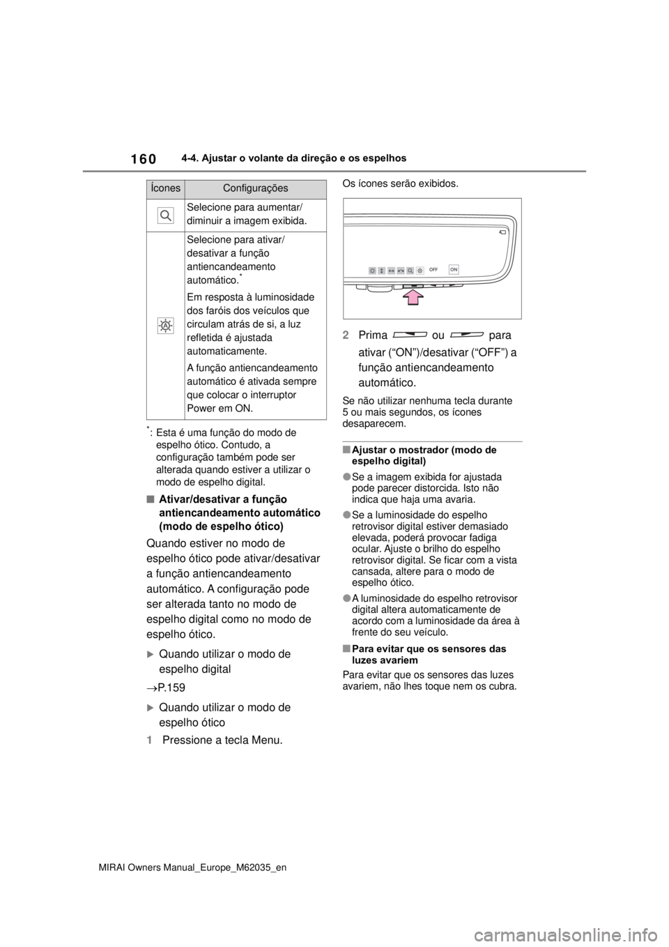 TOYOTA MIRAI 2020 Manual de utilização (in Portuguese) 160
MIRAI Owners Manual_Europe_M62035_en
4-4. Ajustar o volante da direção e os espelhos
*: Esta é uma função do modo de
espelho ótico. Contudo, a
configuração também pode ser
alt TOYOTA MIRAI 2020 Manual de utilização (in Portuguese) 160
MIRAI Owners Manual_Europe_M62035_en
4-4. Ajustar o volante da direção e os espelhos
*: Esta é uma função do modo de
espelho ótico. Contudo, a
configuração também pode ser
alt