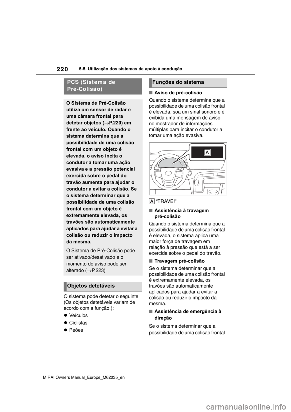 TOYOTA MIRAI 2020 Manual de utilização (in Portuguese) 220
MIRAI Owners Manual_Europe_M62035_en
5-5. Utilização dos sistemas de apoio à condução
O sistema pode detetar o seguinte
(Os objetos detetáveis variam de
acordo com a função.):
Ve í c TOYOTA MIRAI 2020 Manual de utilização (in Portuguese) 220
MIRAI Owners Manual_Europe_M62035_en
5-5. Utilização dos sistemas de apoio à condução
O sistema pode detetar o seguinte
(Os objetos detetáveis variam de
acordo com a função.):
Ve í c